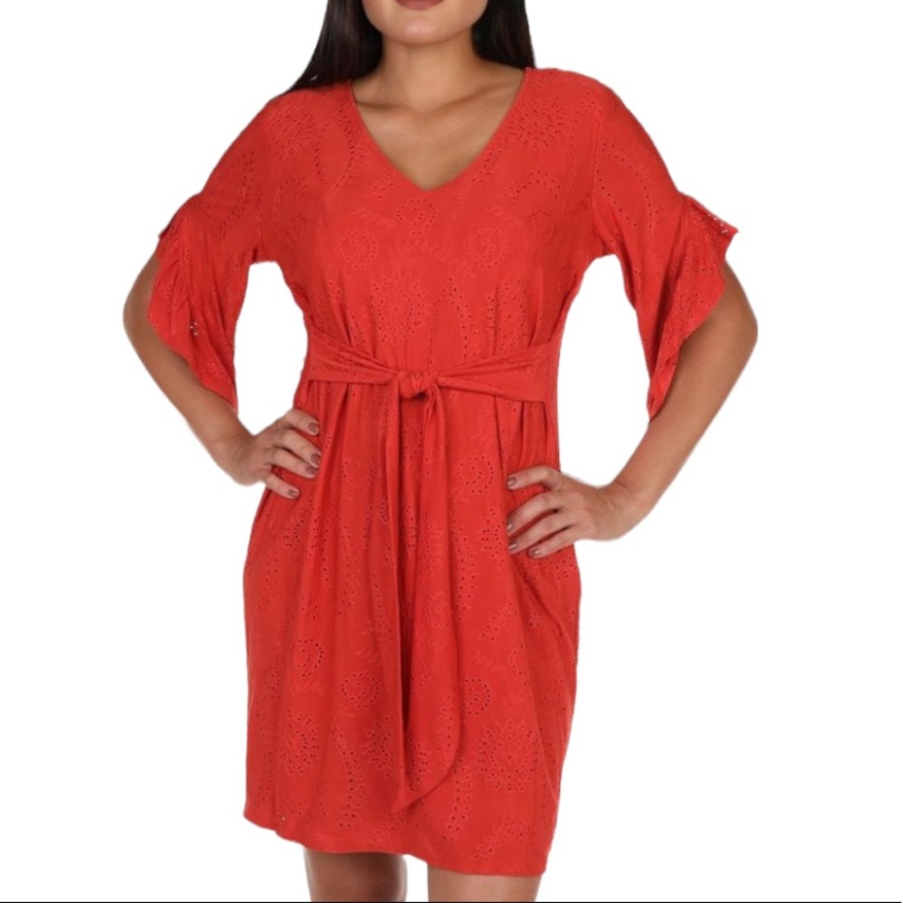 Emma & Michele V-Neck Bell Sleeve Eyelet Crochet Tie Waist Dress NWT
